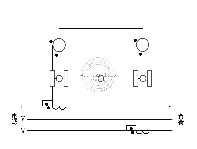 三相三線電能表經(jīng)電流互感器接線（電流、電壓線共用）