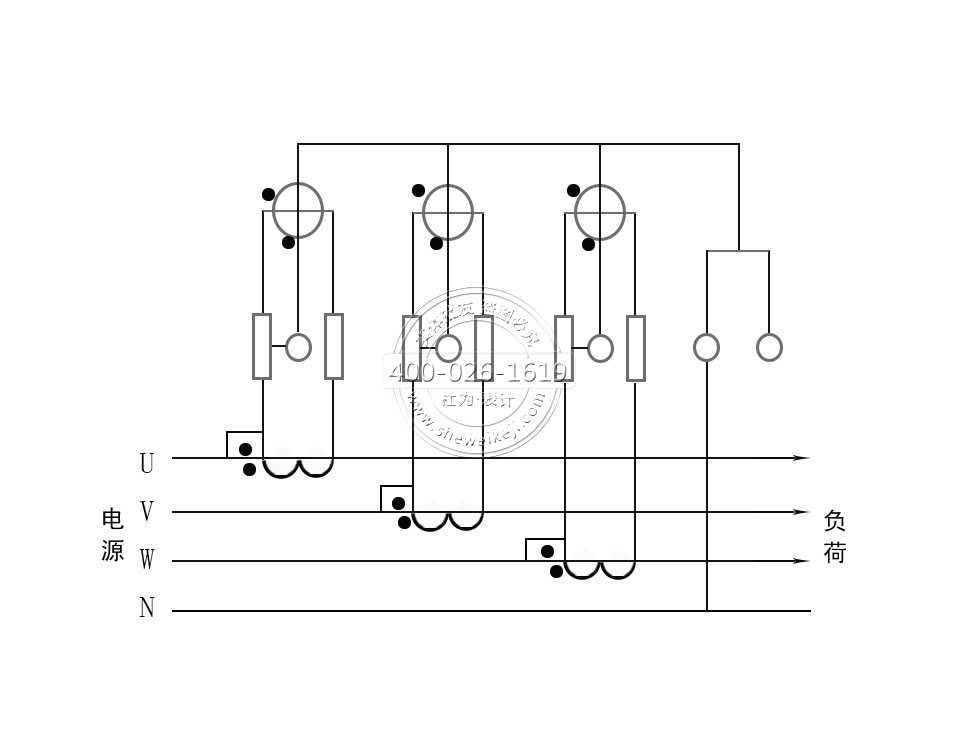 三相四線電能表電流互感器接線（電流、電壓線共用）